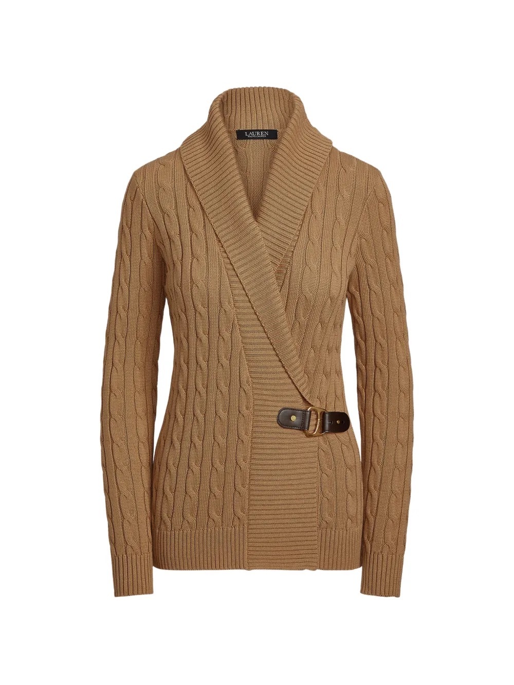 Ralph Lauren Camel Cable-Knit Shawl Collar Buckle Cardigan Sweater S Old Money